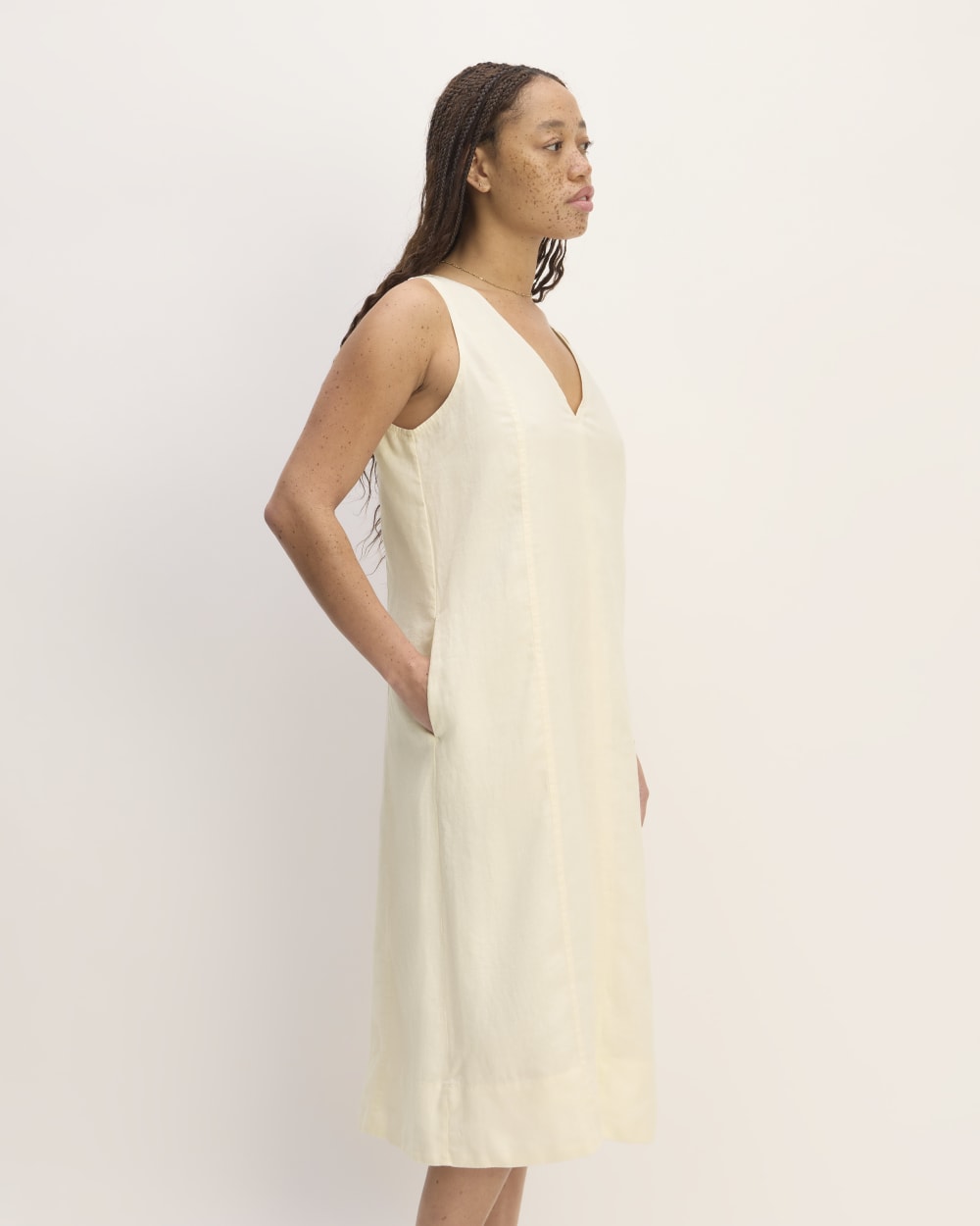 The Linen V-Neck Midi Dress | Bone