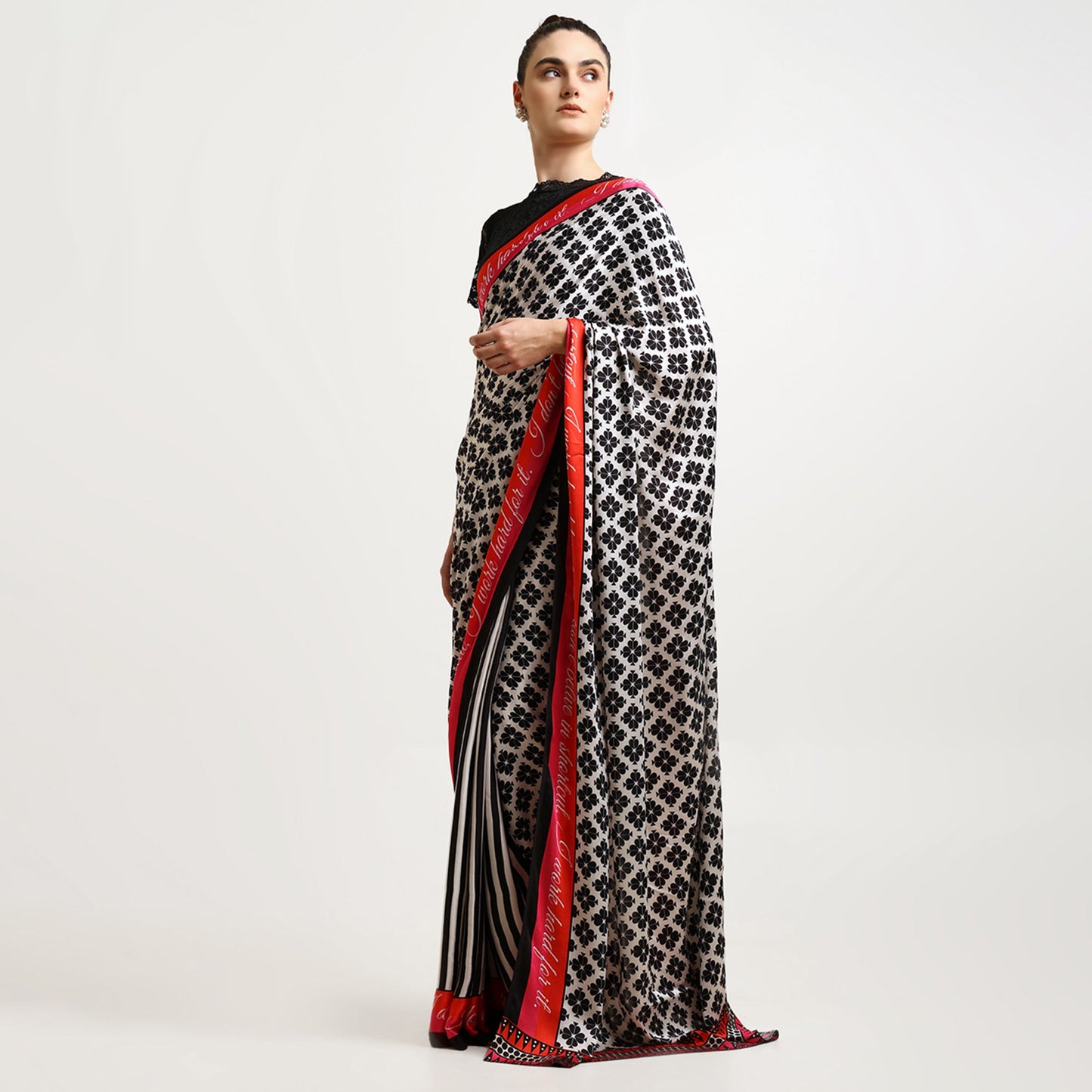 Black & White Quotation Modal Satin Saree