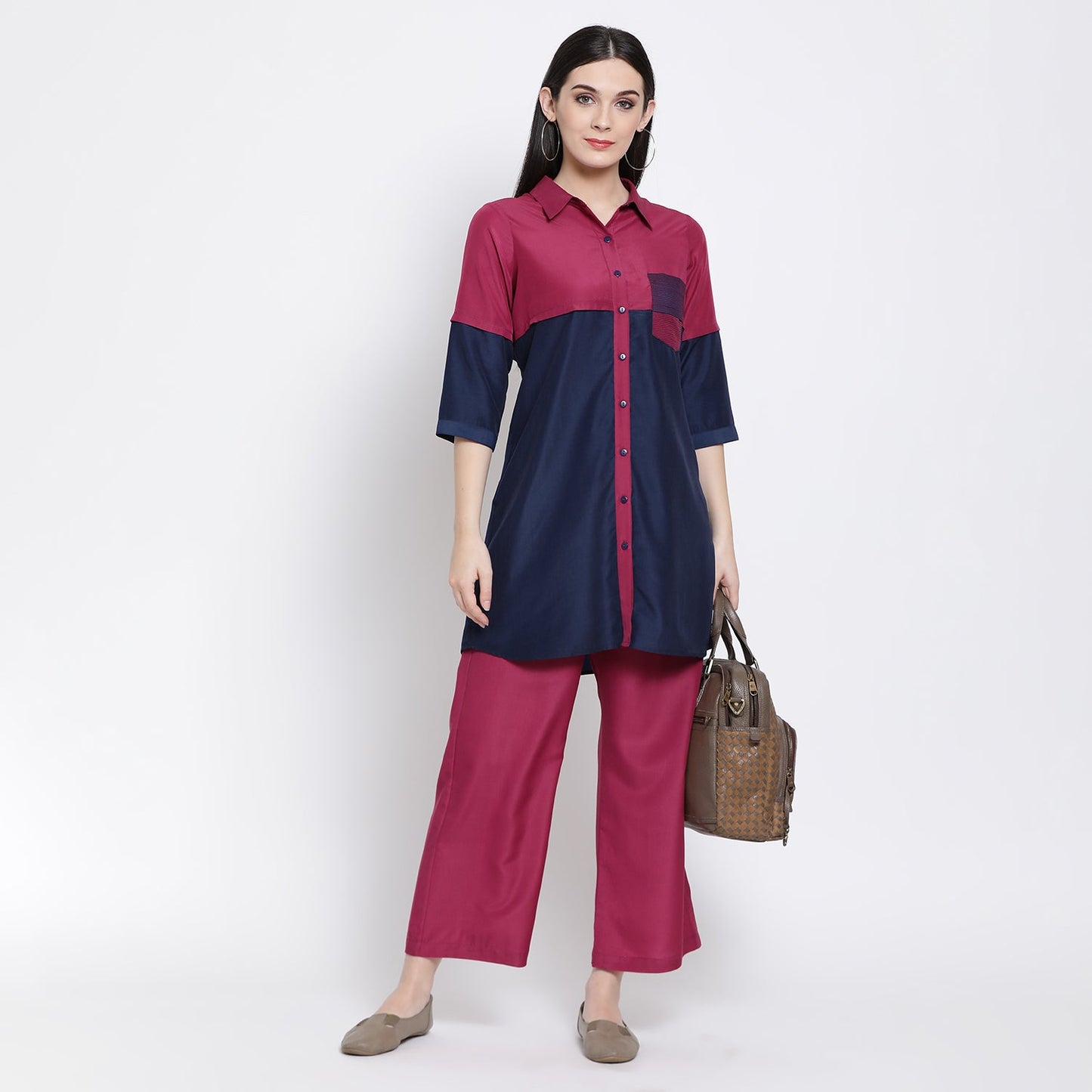 Half In Half Blue & Pink Tunic With Quilting Pocket