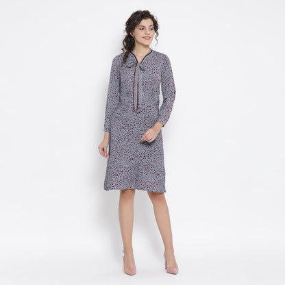 Teal Blue Animal Print Bias Dress With French Lace And Ribbon Tie Up
