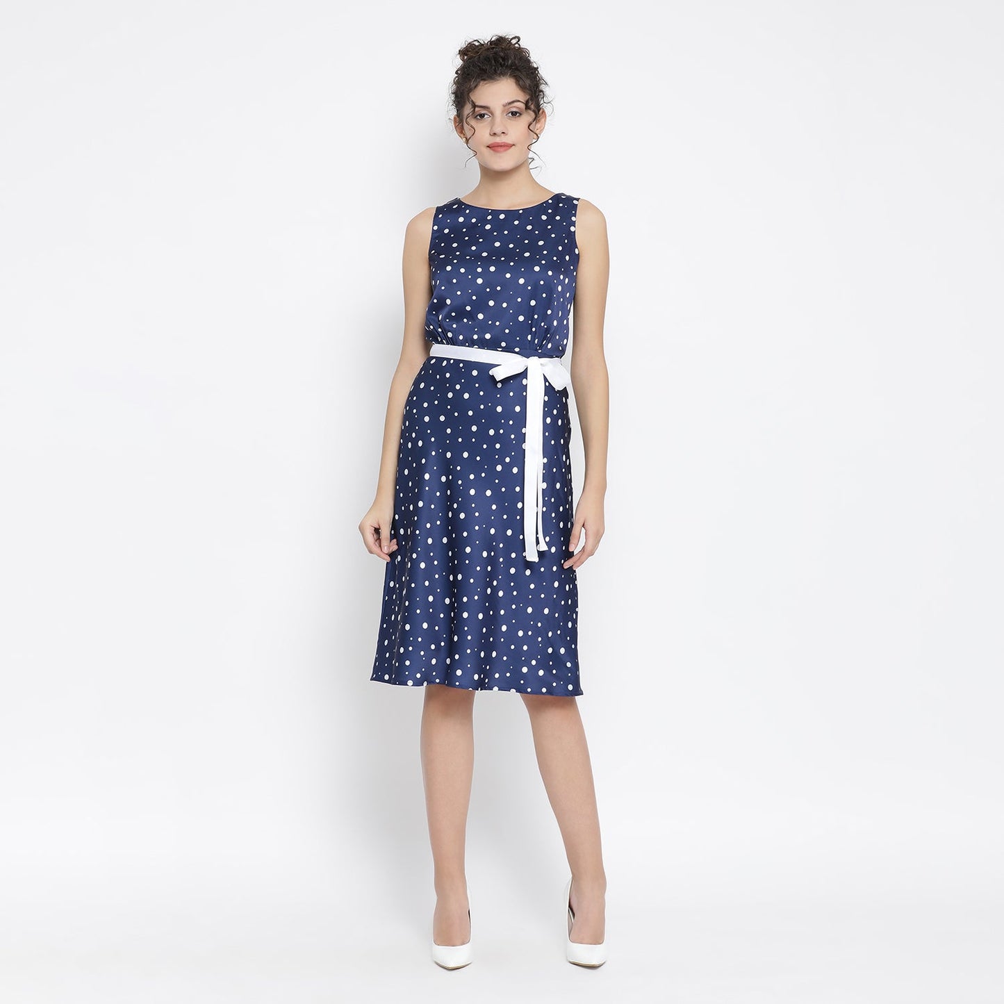 Blue White Silk Polka Sleeveless Dress With Tie Knot Belt