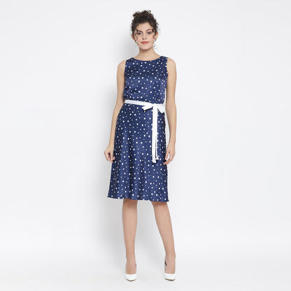 Blue White Silk Polka Sleeveless Dress With Tie Knot Belt