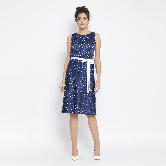 Blue White Silk Polka Sleeveless Dress With Tie Knot Belt