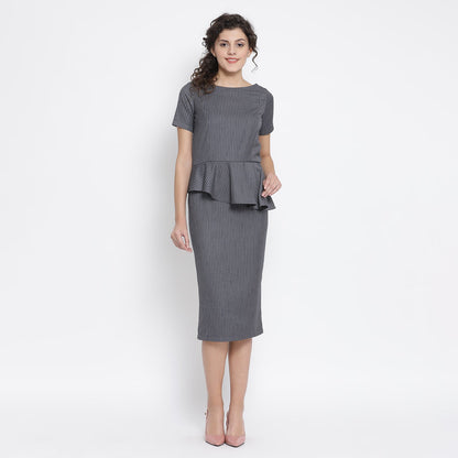 Grey Stripe Peplum Long Dress