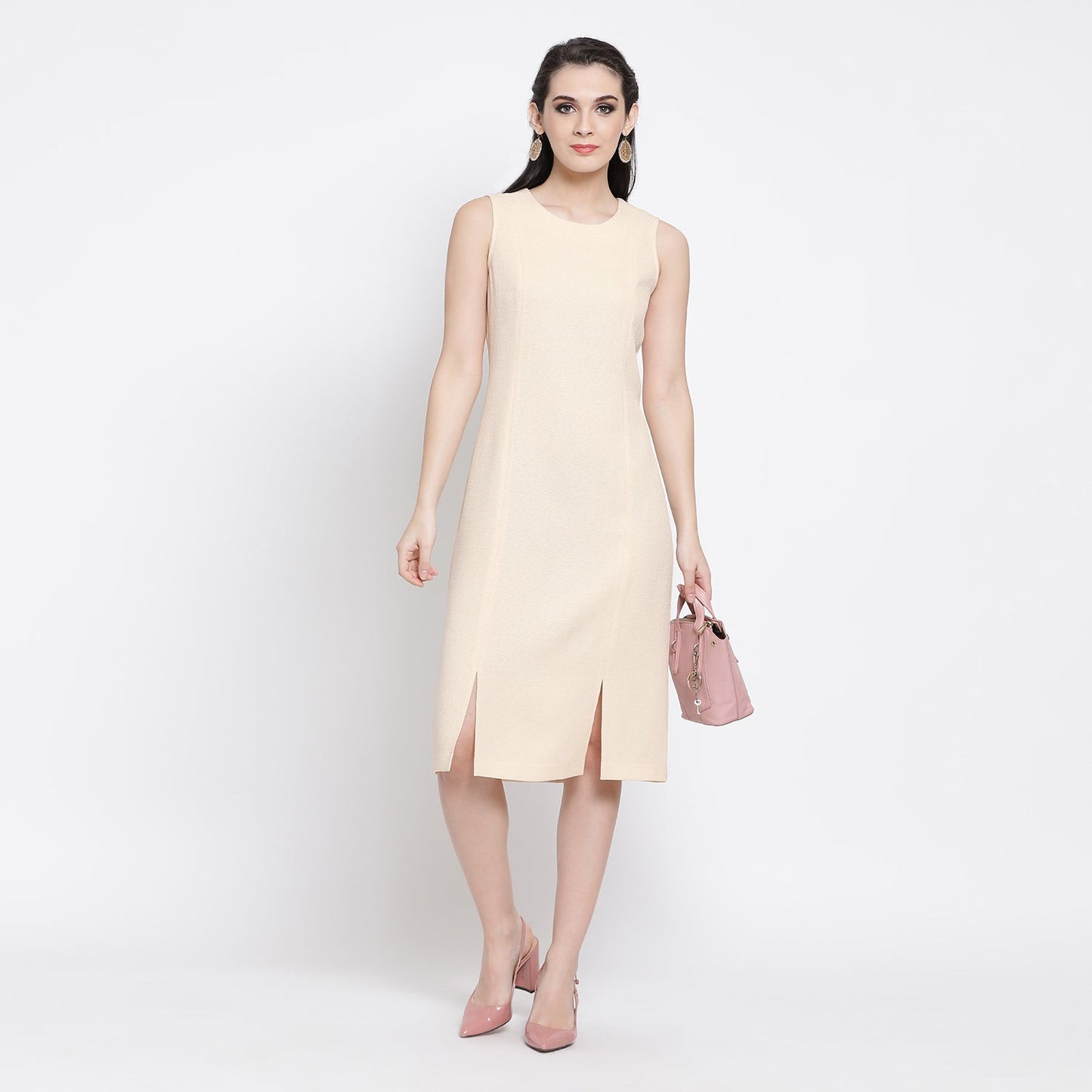 Off White Silk Linen Dress With Slit At Bottom