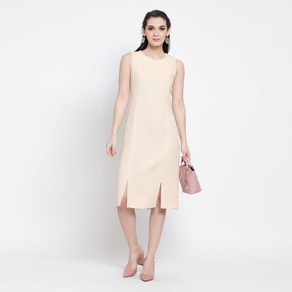 Off White Silk Linen Dress With Slit At Bottom
