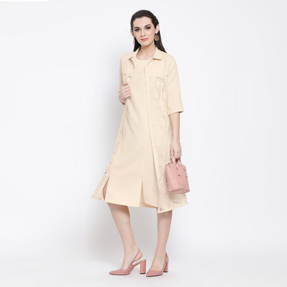 Off White Silk Linen With Flower Net Jacket
