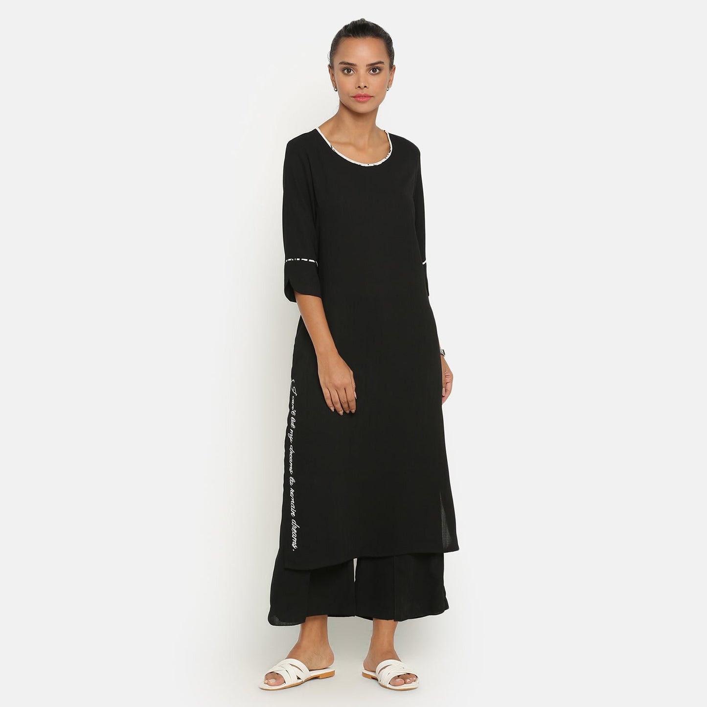 Black Round Neck Kurta With Embroidered Slit