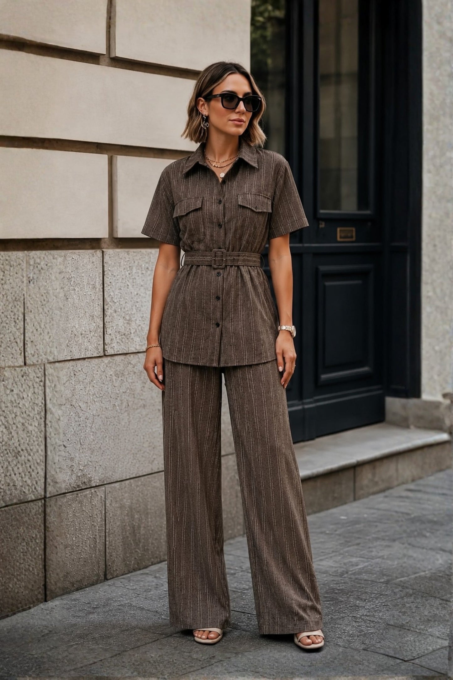 Brown Stripe Utility Belted Co-ord Set