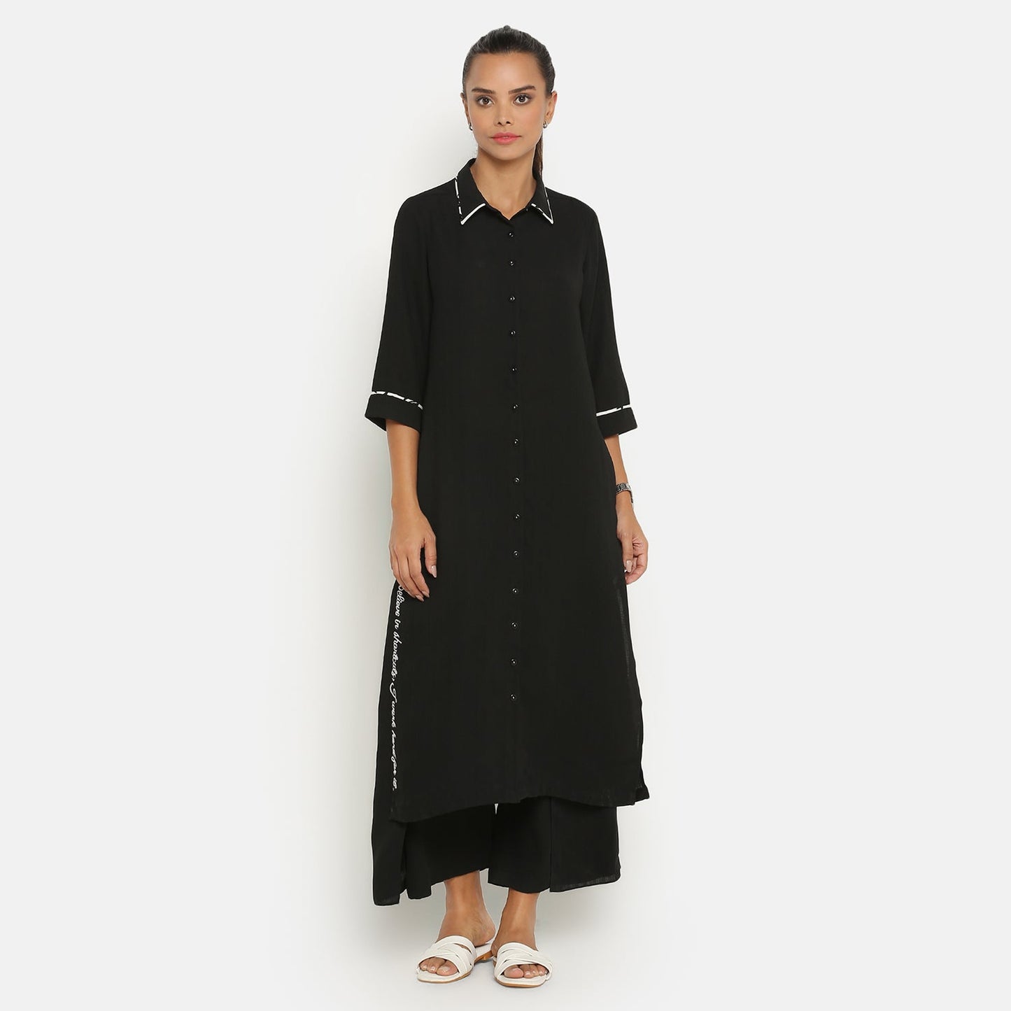 Black Shirt Collar Kurta With Embroidered Slit