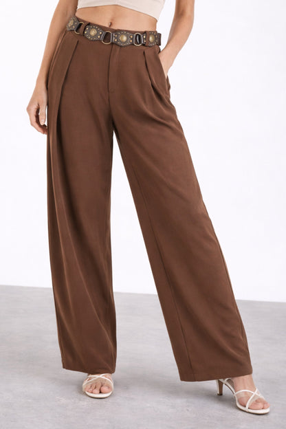 Brown Pants with Inverted Pleats