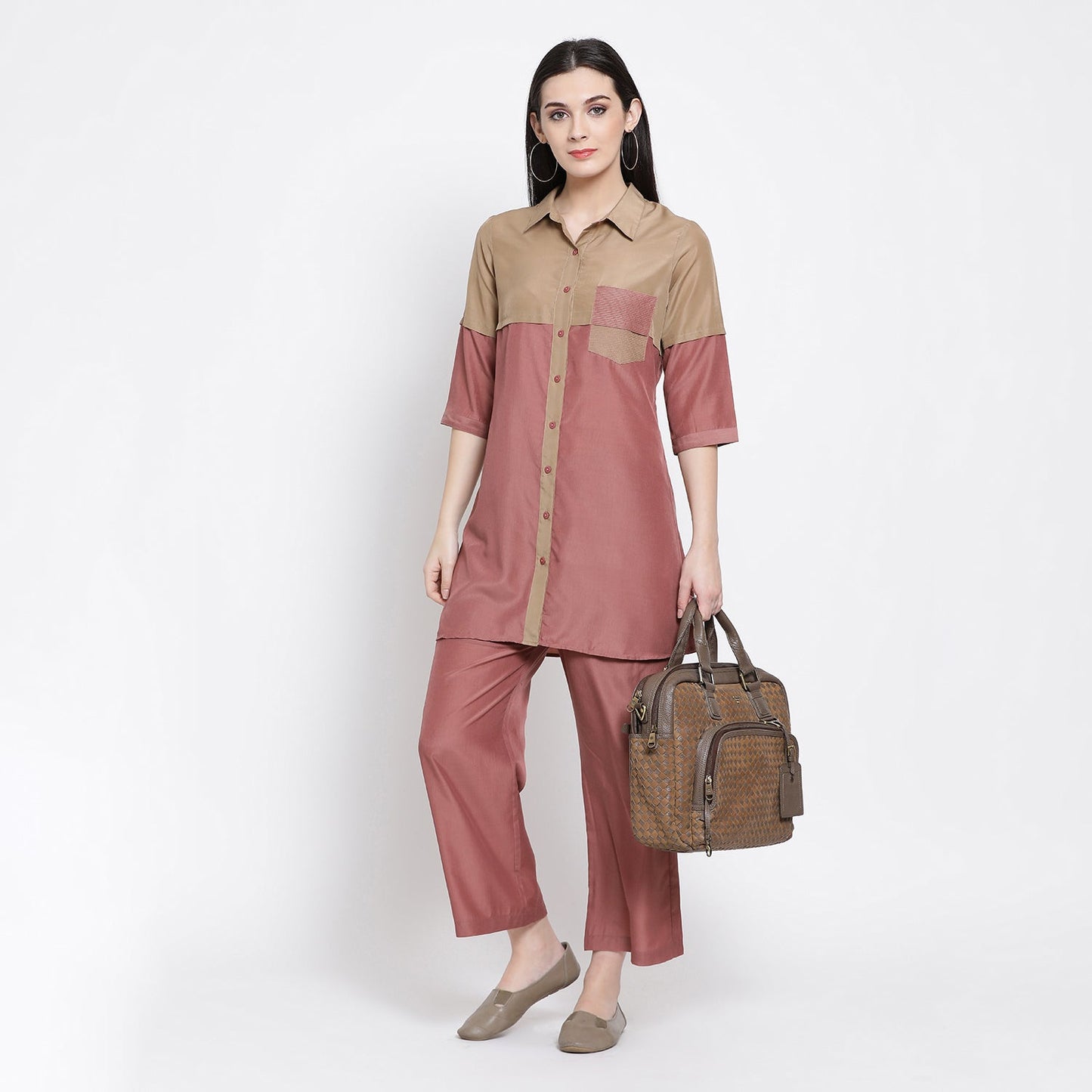 Half in Half Beige & Peach Tunic With Quilting Pocket
