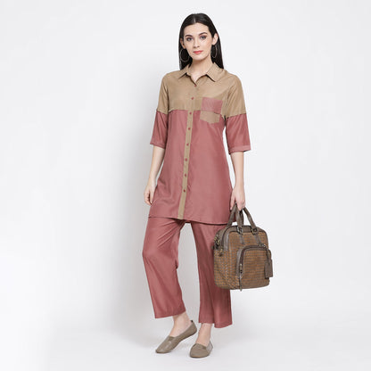 Half in Half Beige & Peach Tunic With Quilting Pocket
