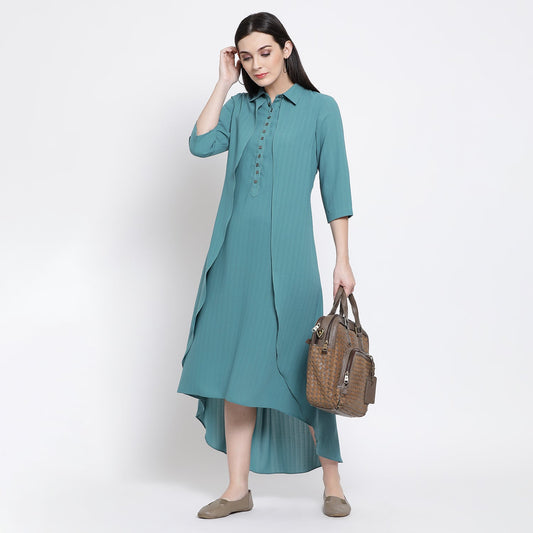 Teal Blue Double Layer Asymmetrical Long Dress