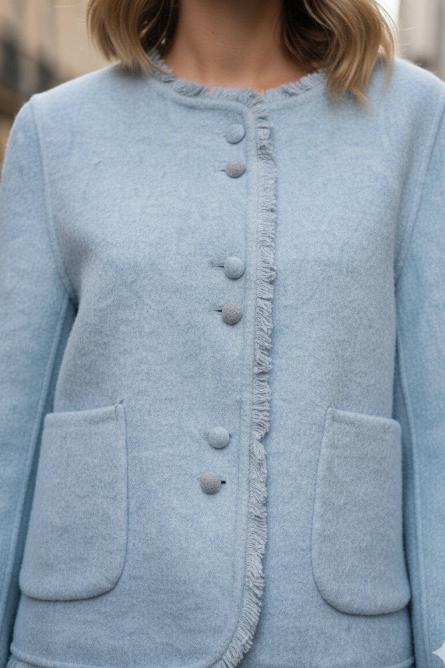 Blue Frayed Double-Sided Cashmere Blazer