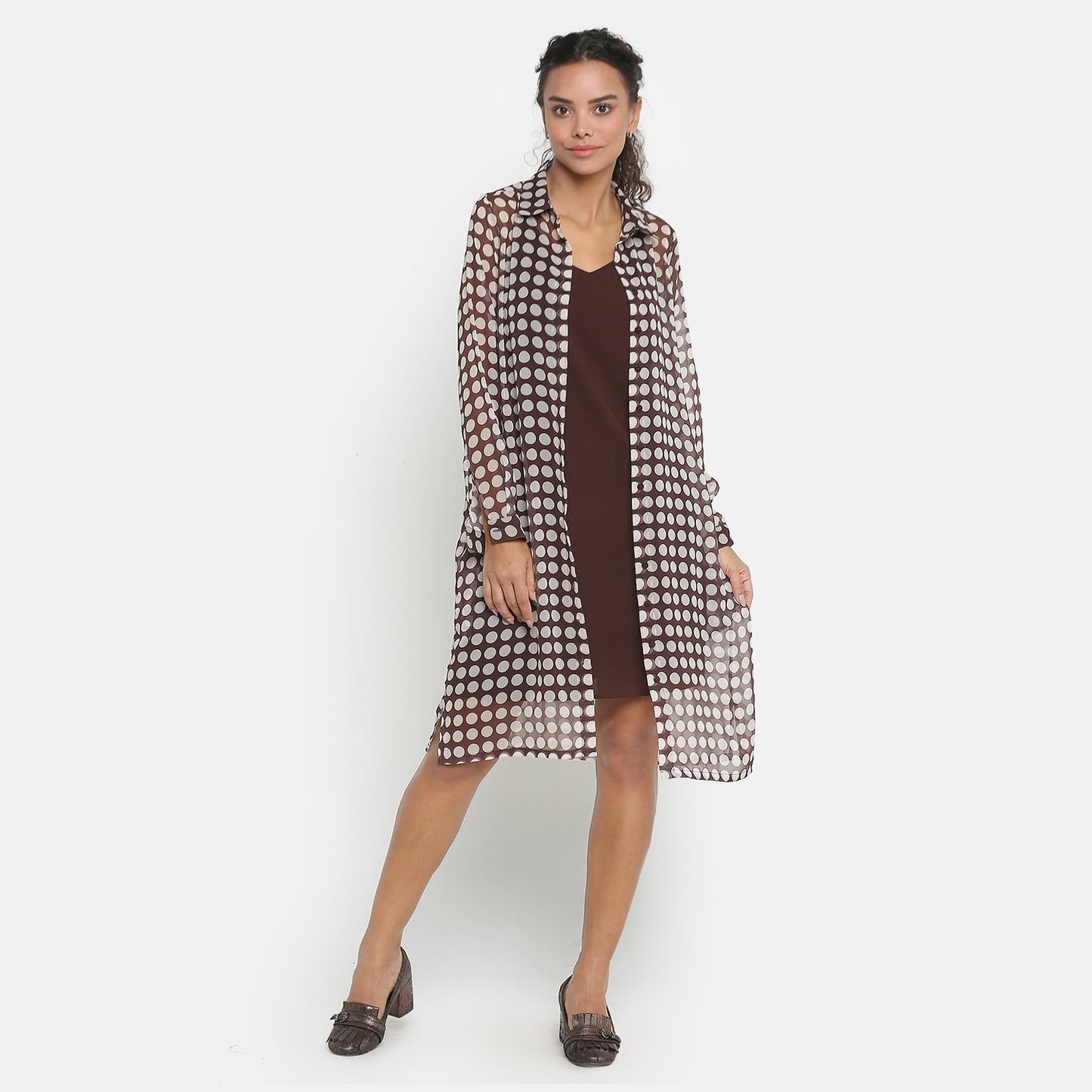 Brown Georgette Polka Dot Long Tunic With Spaghetti Inner