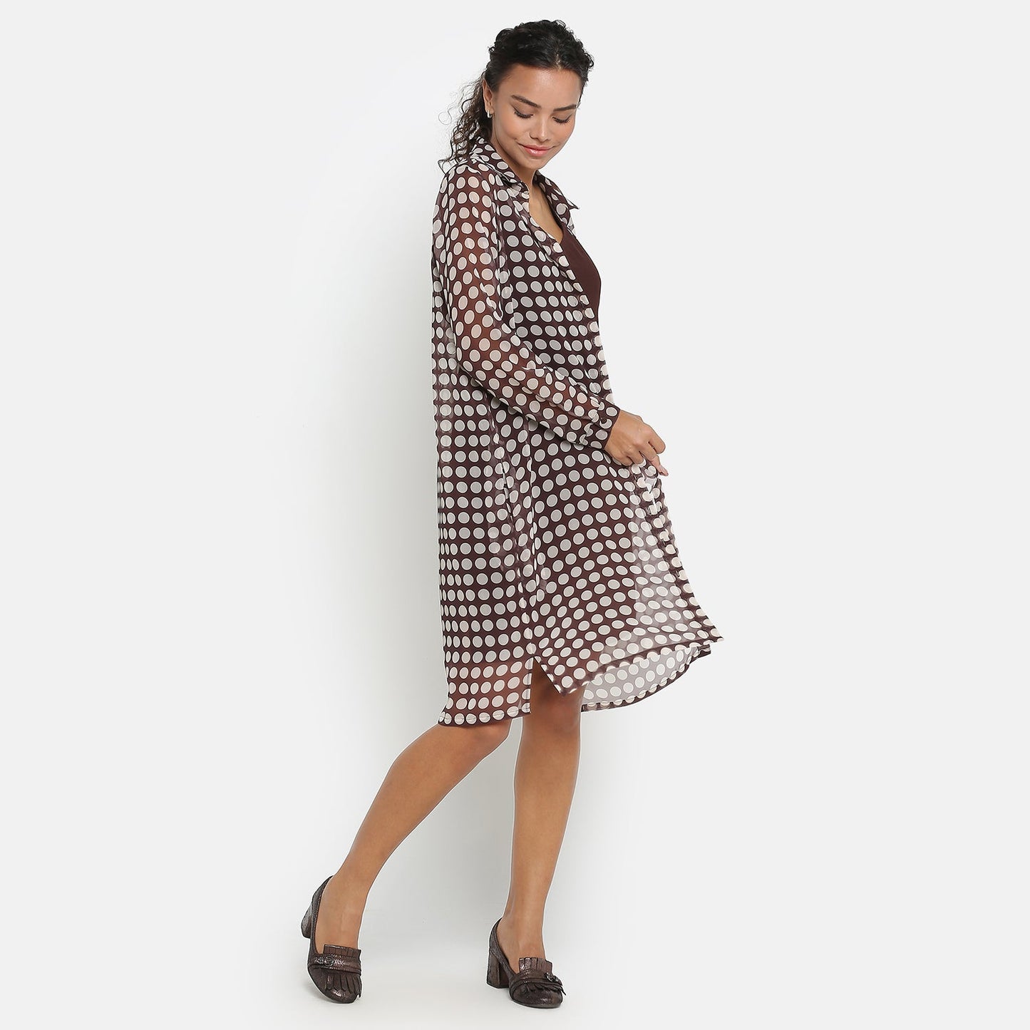 Brown Georgette Polka Dot Long Tunic With Spaghetti Inner