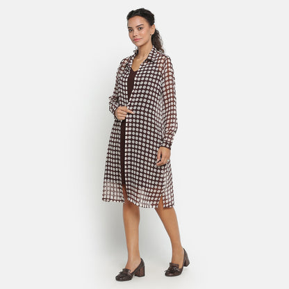 Brown Georgette Polka Dot Long Tunic With Spaghetti Inner