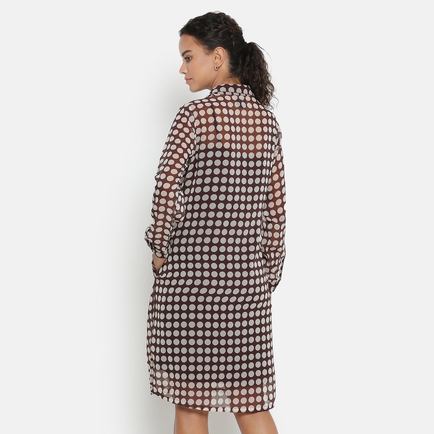 Brown Georgette Polka Dot Long Tunic With Spaghetti Inner