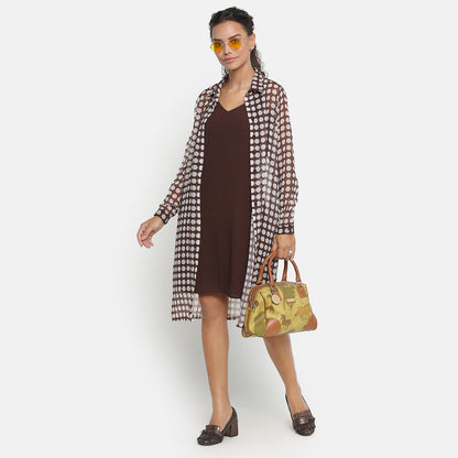 Brown Georgette Polka Dot Long Tunic With Spaghetti Inner