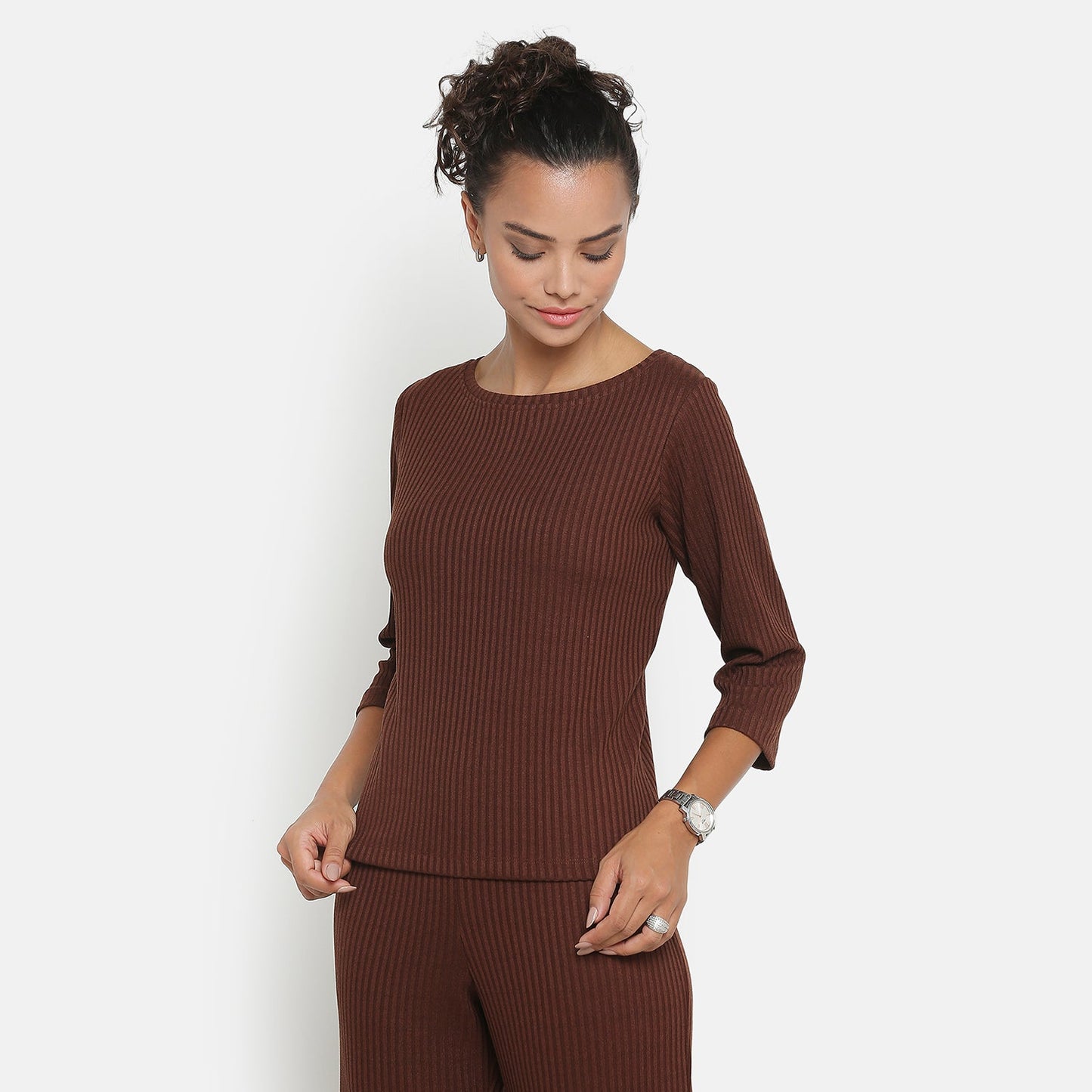 Brown Ribbed Top With Sleeves