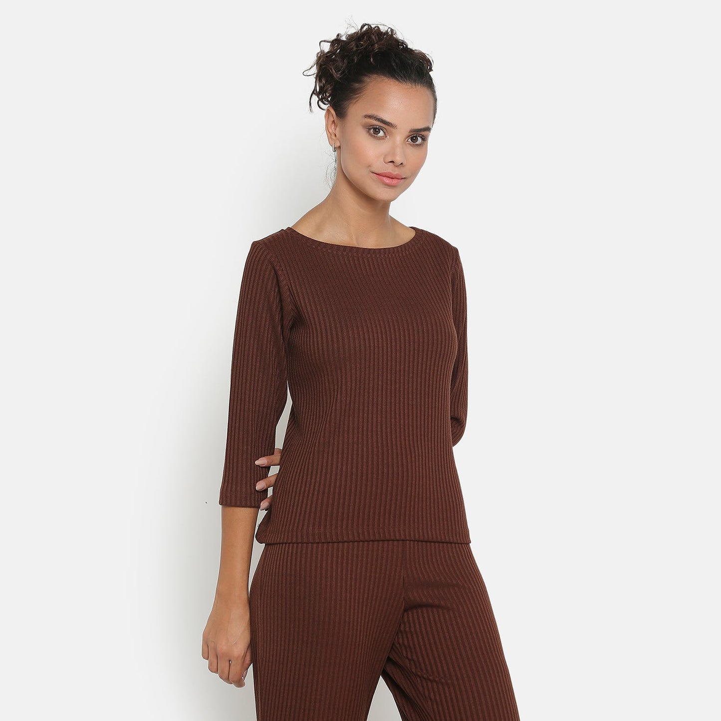 Brown Ribbed Top With Sleeves