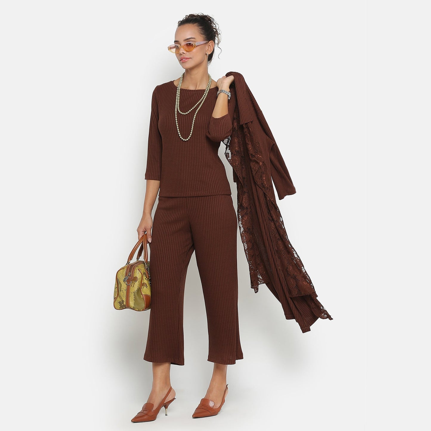 Brown Ribbed Top With Sleeves