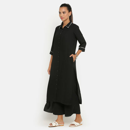 Black Shirt Collar Kurta With Embroidered Slit