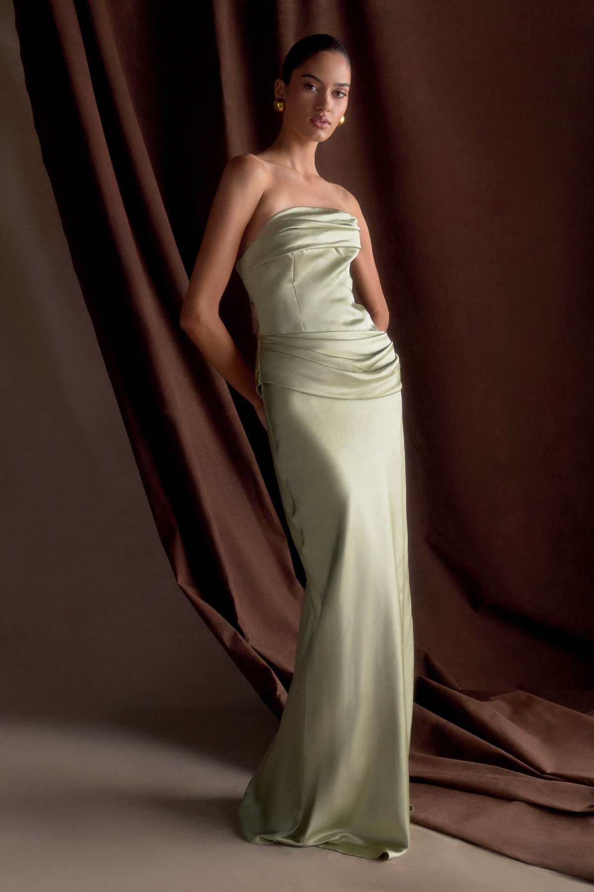 Jasmine Strapless Satin Maxi Dress - Sage