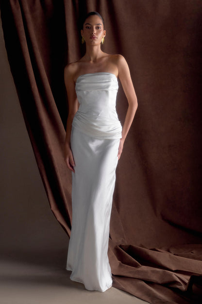Jasmine Strapless Satin Maxi Dress - White