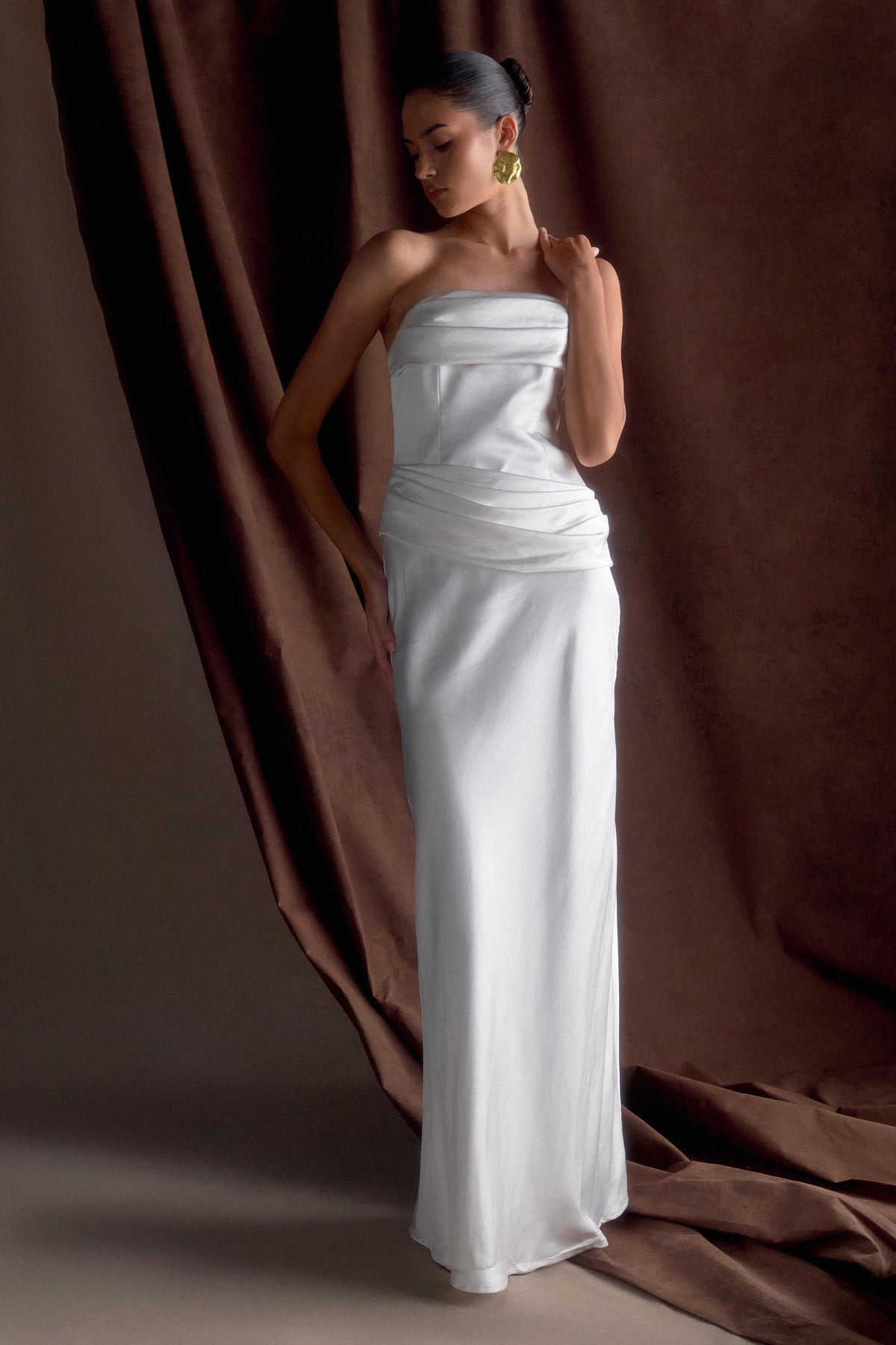 Jasmine Strapless Satin Maxi Dress - White
