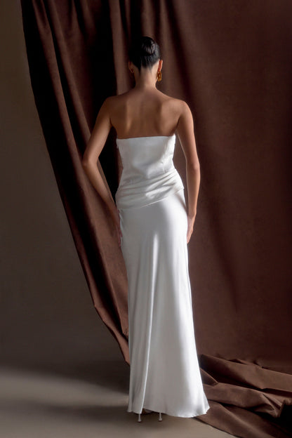 Jasmine Strapless Satin Maxi Dress - White