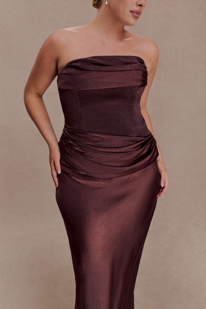 Jasmine Strapless Satin Maxi Dress - Dark Chocolate