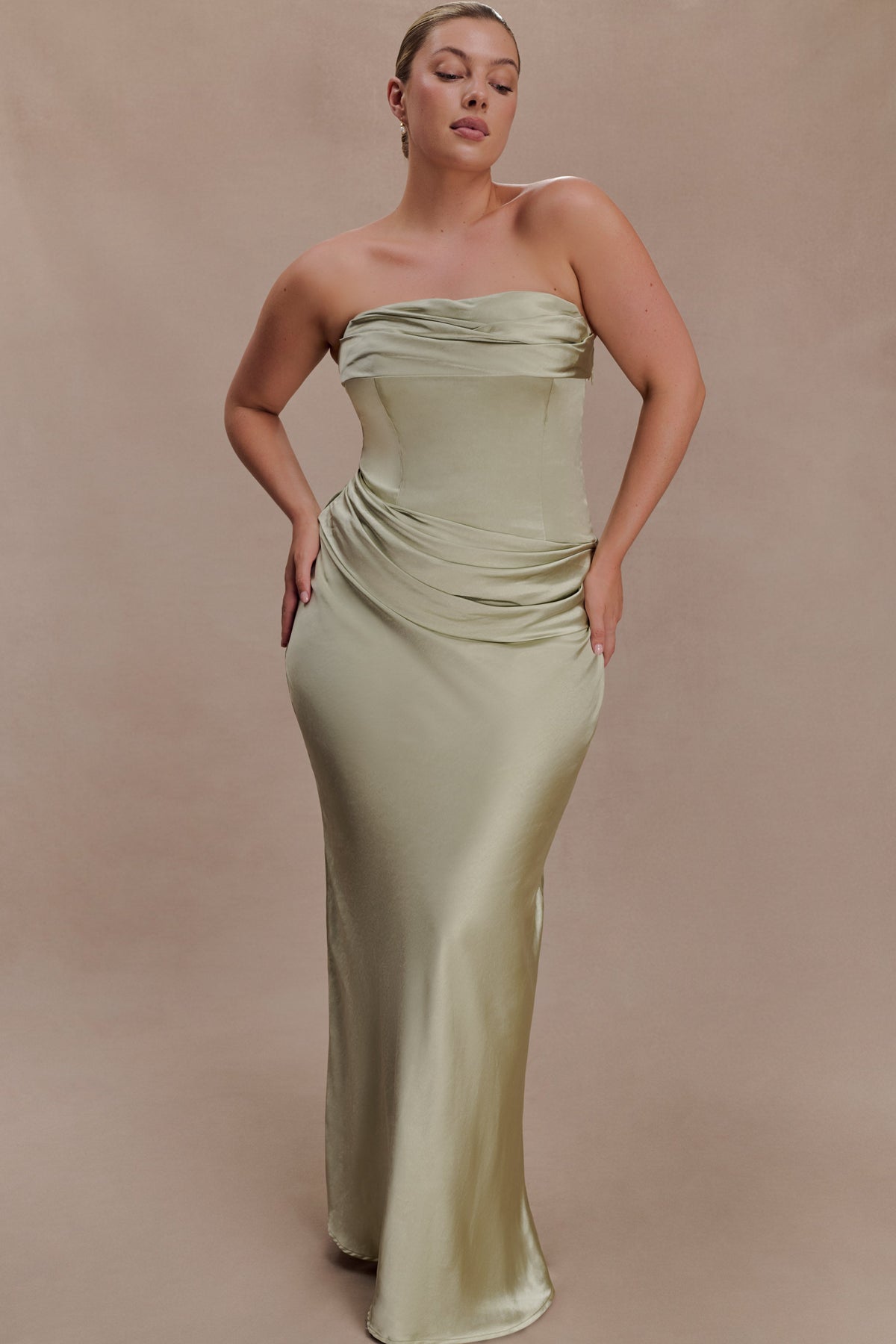 Jasmine Strapless Satin Maxi Dress - Sage