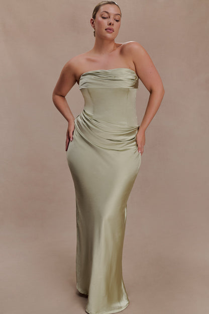 Jasmine Strapless Satin Maxi Dress - Sage
