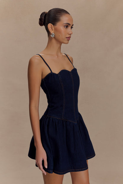 Cheyenne Scallop Denim Mini Dress - Indigo Blue