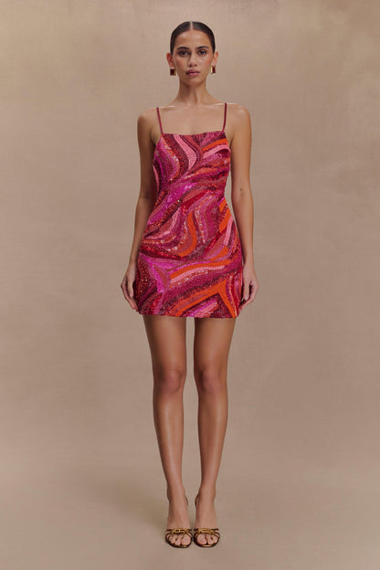 Eloise Hand Beaded Mini Dress - Pink Swirl Print