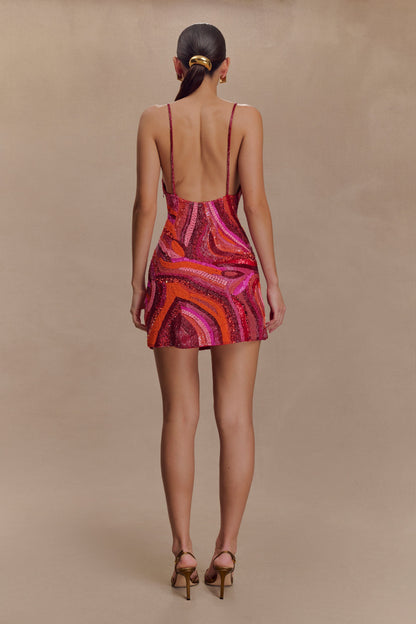 Eloise Hand Beaded Mini Dress - Pink Swirl Print