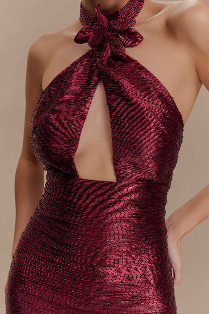Nylah Beaded Halter Mini Dress - Burgundy