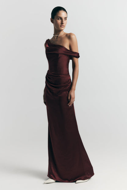 Dalia Off Shoulder Satin Maxi Dress - Mahogany