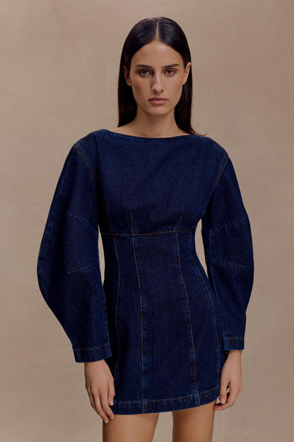 Cosmala Denim Long Sleeve Mini Dress - Indigo Blue