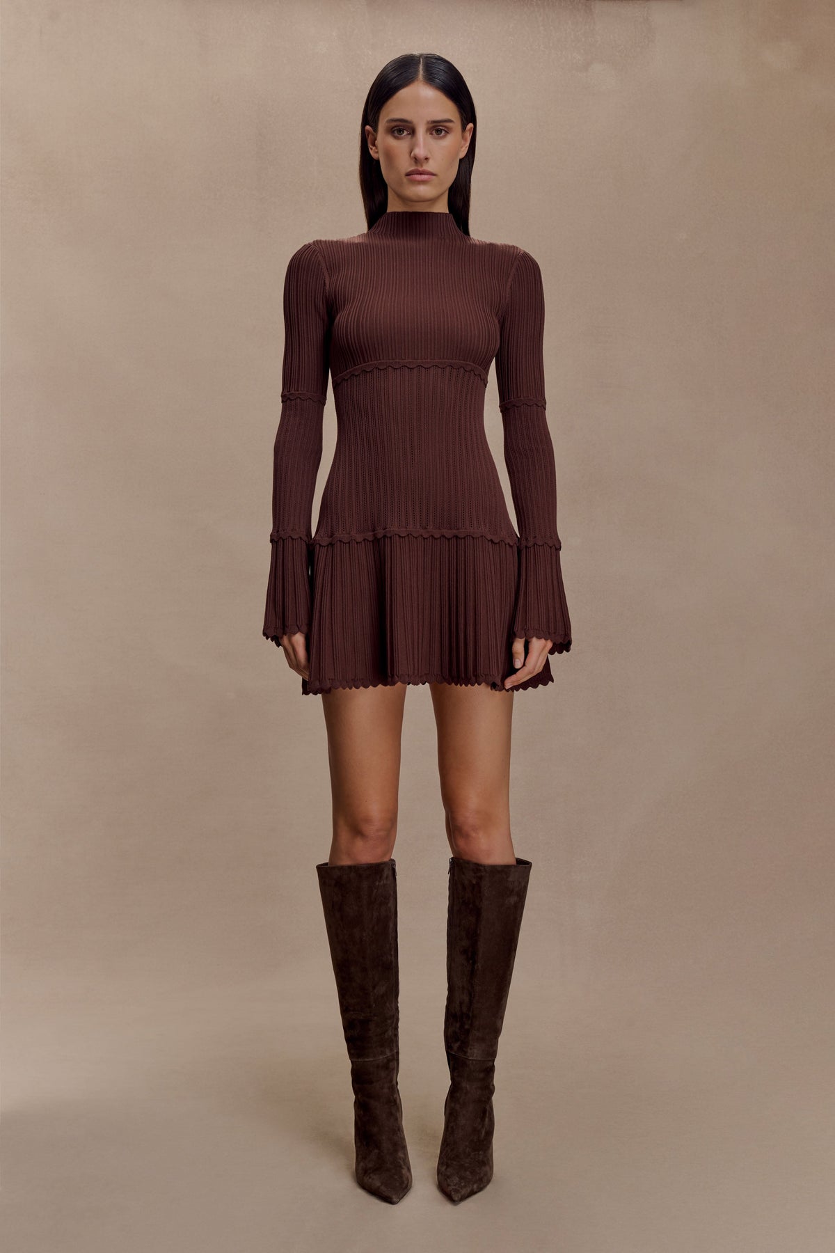 Adena Pointelle Knit Mini Dress - Chocolate