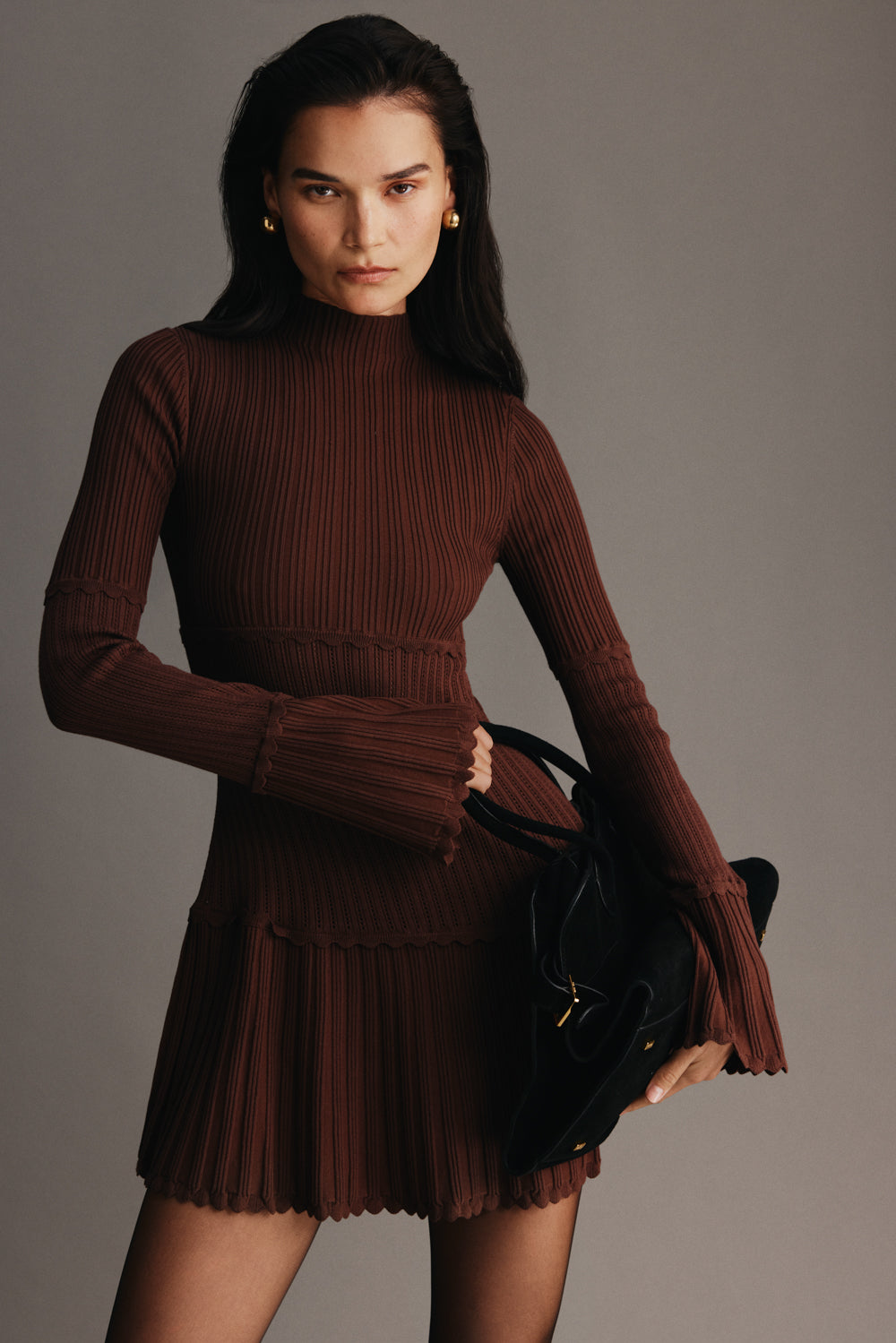 Adena Pointelle Knit Mini Dress - Chocolate