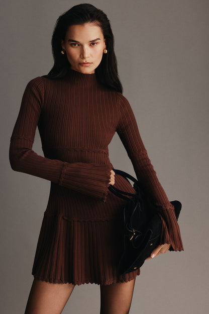Adena Pointelle Knit Mini Dress - Chocolate