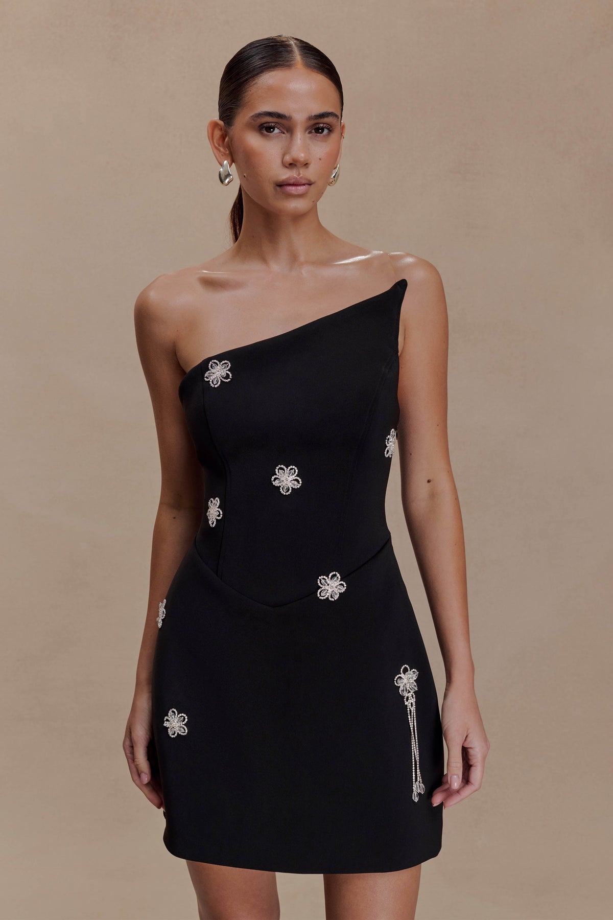 Liva Strapless Diamante Floral Trim Mini Dress - Black