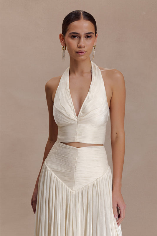 Makena Gathered V Neck Top - Opal White