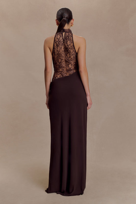 Arra Chiffon And Lace Halter Maxi Dress - Cacao Brown