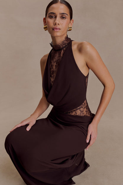Arra Chiffon And Lace Halter Maxi Dress - Cacao Brown