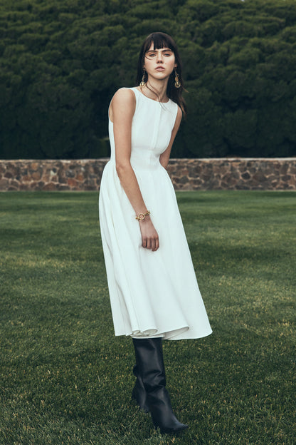 Monika Gathered Waist Cotton Midi Dress - White