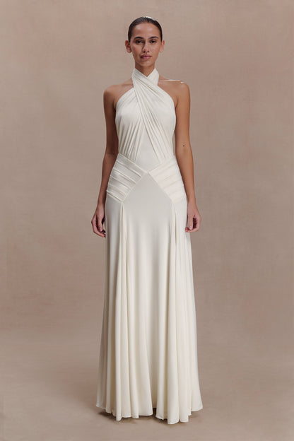 Indira Gathered Slinky Halter Maxi Dress - Ivory